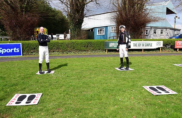 Jockeys Niall Madden and Brian Hayes demonstrating social distancing at Clonmel