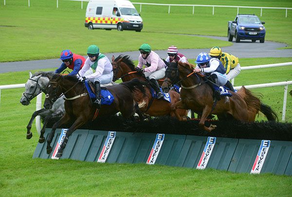 Our Nancy and Sean O'Keeffe (near side) jump the last to win the Supermac's Handicap (Div II)