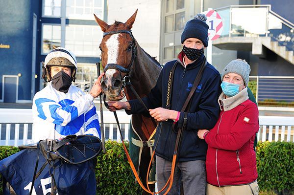 Espion Du Chenet with (left to right) rider Ryan Treacy, owner Nicky Teehan and trainer Louise Lyons
