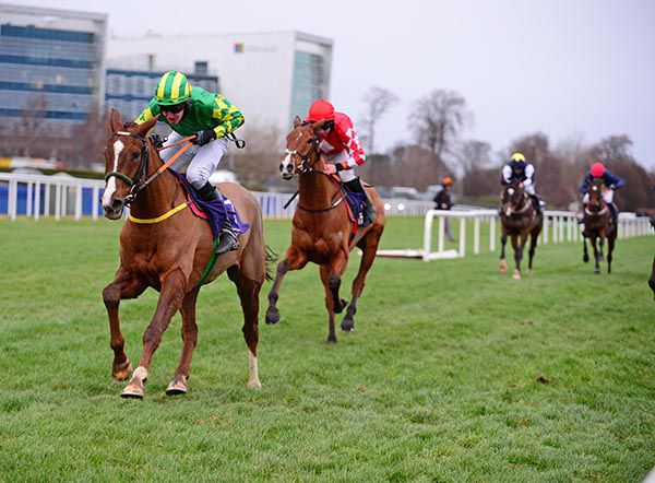 Harry Alonzo gives Pat Taaffe (green and yellow) a first Leopardstown winner