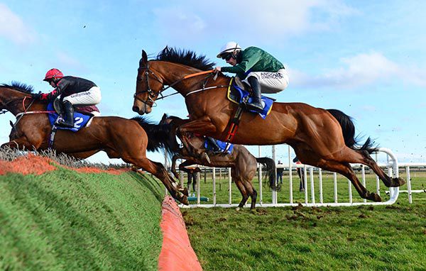 Coole Arcade (green/white) and Brian Hayes on the way to winning the handicap hurdle