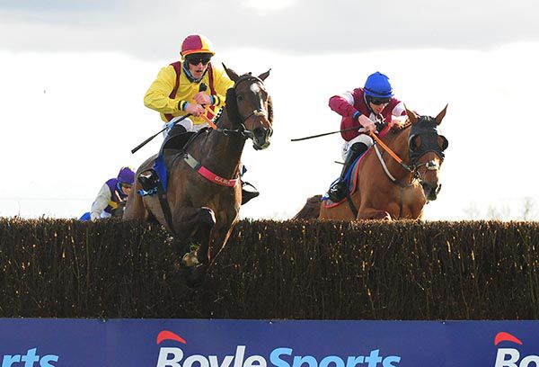 Freewheelin Dylan, yellow and red colours, makes all in the Irish Grand National under Ricky Doyle
