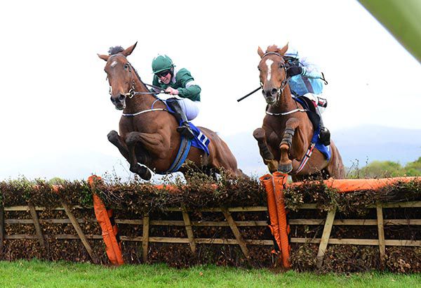 Merry Doyenne and Declan Queally (left) jump the last upsides Lunar Display 