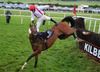 The favourite Jamsie Hall unships his rider Davy Condon at the seventh at Kilbeggan on Saturday evening when leading. Thankfully both horse and rider escaped unscathed.