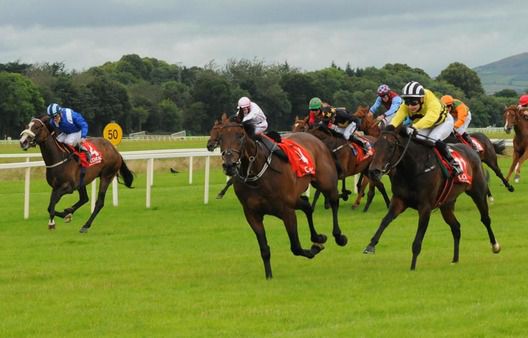 Beauthea and Davy Moran (right) win despite being carried across the track by a loose horse