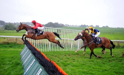 The Hedge and Davy Russell jump the last to win for trainer Mayne Kidd 