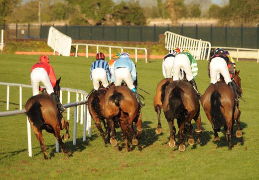 Forty Foot Tom (red) in action - fence on   unraceable chase course in the background