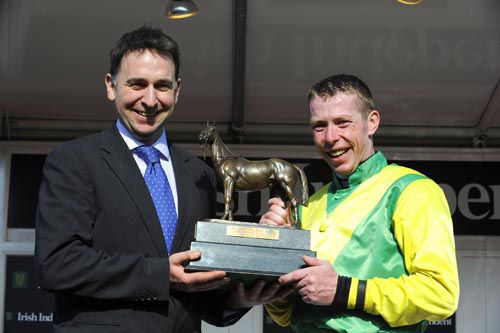 Henry de Bromhead and Andrew Lynch all smiles with the Arkle Trophy