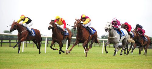 Croisultan (3rd from left) comes to head Rock Jock (left) and Rain Delayed (second left) at Fairyhouse