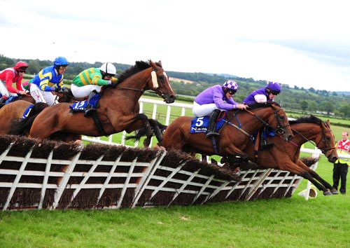 Good Decision and Alan Crowe near clears the last with Clarach and Aliceaneileen to win for trainer Christy Roche 