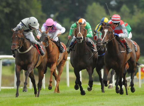 Duchess Of Foxland (left) edges ahead in the Hurry Harriet Stakes at Gowran