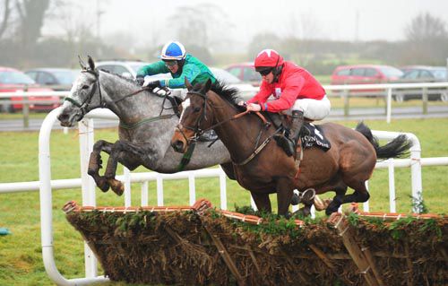 Another Palm (grey horse) jumps the final flight alongside He's Our Man