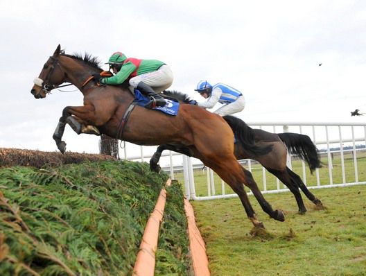 Montan jumps the last ahead of Killultagh Queen at Fairyhouse