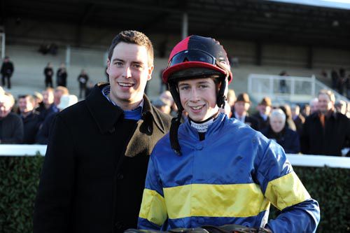 Trainer Lar Butler with jockey Bryan Cooper following Odonimee's success