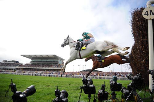 The grey Nacarat (Paddy Brennan) captured by the cameras at Aintree this afternoon