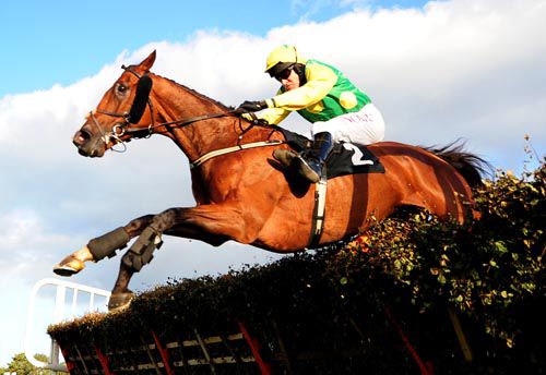 The Bull Hayes and Barry Geraghty jumping a hurdle on their way to victory