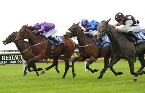 Ronan's Bay (No. 13) just beats Susiescot (right), with Mahaazen (blue colours) third