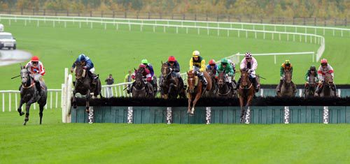 Mackey Boy leads the field away from the last with eventually winner Knockieran in the pink & black, jumping.