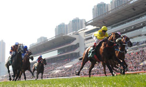 Dunaden (yellow) pictured on his way to victory at Sha Tin in 2011