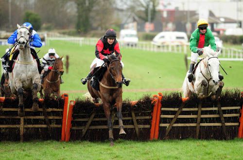Snow Spell (right) challenges at the last under Tommy Treacy