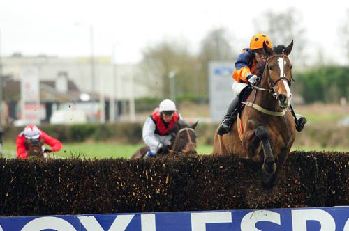 Whatdoyousay and Tom Doyle jump the last in the handicap chase