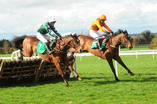 Dysios (nearside) lands over the last with Liberty's Gift before going on to score