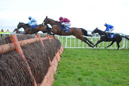 Eightybarackstreet, middle, comes to tackle Lough Donnell Mist at the last 