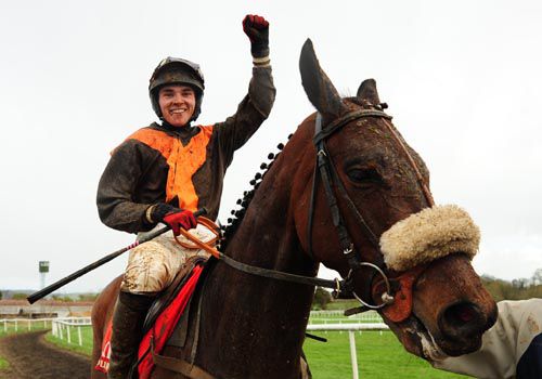 A delighted Jonathon Burke after recording his first winner aboard Trendy Gift for his father Liam