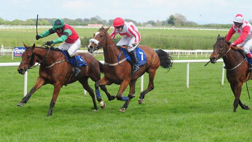 Gimli's Rock (green & red) stays on strongest to score from Rockshandy (red cap) and Ainm Spartacus