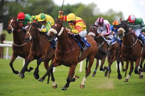 Beau Michael (cheekpieces) on his way to victory from Sounds Of Thunder (left of winner) in second