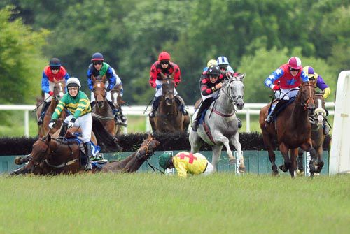 Frankie Flowers falls two out & brings down Highdownhill as the grey Khan Tengri avoids the carnage & goes on to win