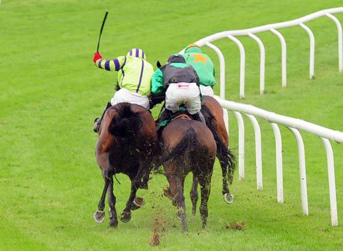 Cool Annie leads into the straight as Celtic Cailin (left) and Hepahepa Naeney bump into each other