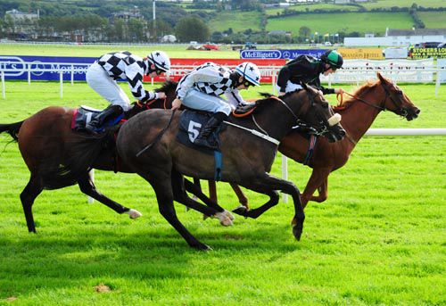 Cest Notre Gris (nearest) keeps on best on the outside to catch Wholelotofrosie close home with Orgilgo Bay in 3rd