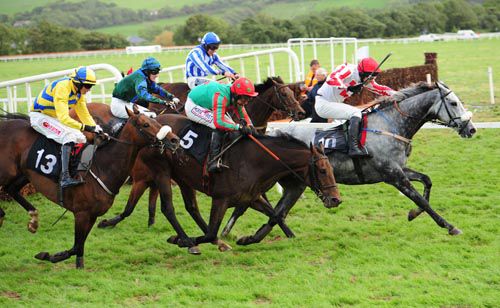 The grey Mackey Boy races away from the last as Khayar (No 5) pecks on landing