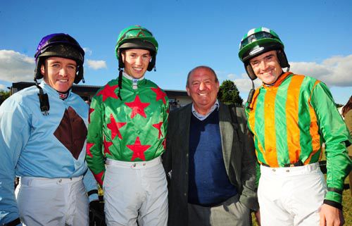 Michael Hourigan with Barry Geraghty, Adrian Heskin and Ruby Walsh before his trio competed in the maiden hurdle