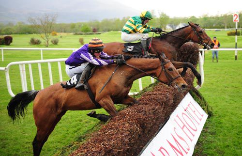 Miss Pepperpot (nearest) & Fever Pitch jump the second last together
