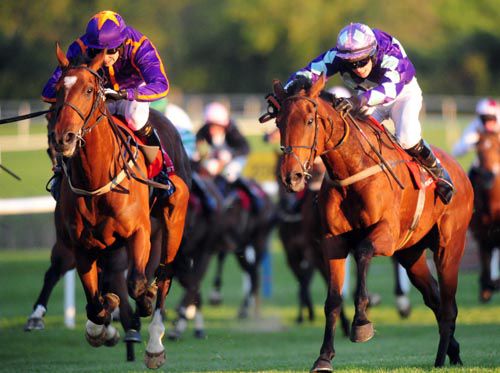 Stephanie Frances, right, causes an upset in the bumper at Punchestown