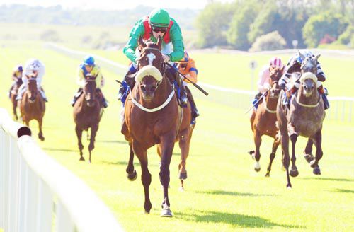 Dabadiyan pictured on his way to victory at the Curragh yesterday