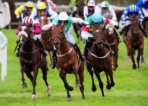 Pink Hat (centre) is driven out by Patrick Mullins to beat Alton Bay (left) and Back Before Dawn
