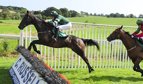 Dr Schultz jumps the last in front of eventual fourth Tynaghs Trooper