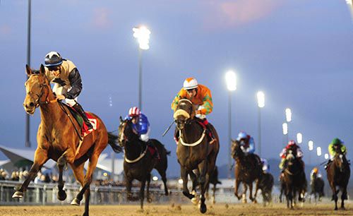 Woodsophiesmile (left) comes home in front under Wayne Lordan from Red Laser back in second