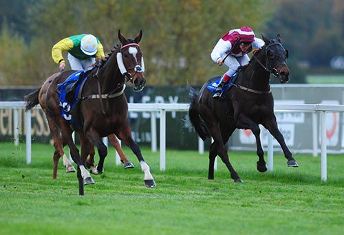 Tantalising, left, who unseated his jockey,<br> races with the winner Sir Ector