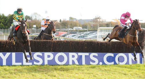 Gentleman Duke (left) and Raise Hell jumps the last together before the former goes on to score under David Casey