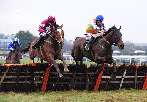 Don Poli (left) and Kerrieonvic jump the last in unison with Fethard Player in behind