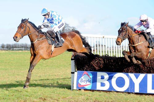 Cadspeed (Ruby Walsh) clears the last ahead of Milan Breeze (Ger Fox) in the third at Thurles
