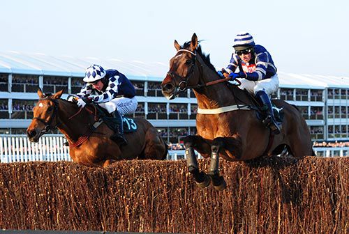 Midnight Prayer (nearside) leads Shotgun Paddy (Derek O'Connor) to victory