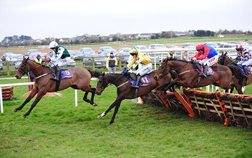 Hurler And Farmer jumps the last ahead of Snowell (winner) and Cordelia Belle