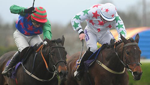 Carrigmoorna Rock (far-side, Davy O'Leary) beat Missypet (Richie Kiely) in the last at Wexford 