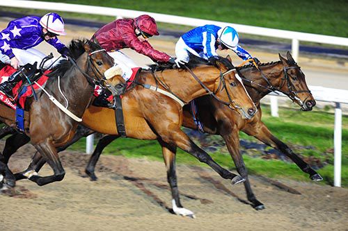 Bint Dandy (far-side, Chris Hayes) held off Jocular (Jamie Spencer middle) and Camakasi (Conor Hoban)