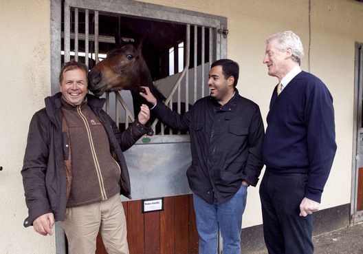 Sheikh Fahad with Ger Lyons and former Leopardstown CEO Pat Keogh at launch of sponsorship. Photo Fennell Photography